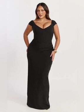 Showpo. Veronika Off Shoulder Plunge High Split Dress In Black Size US 12